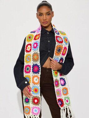 Crochet Cascade Fringe Trim Scarf - Multi Color
